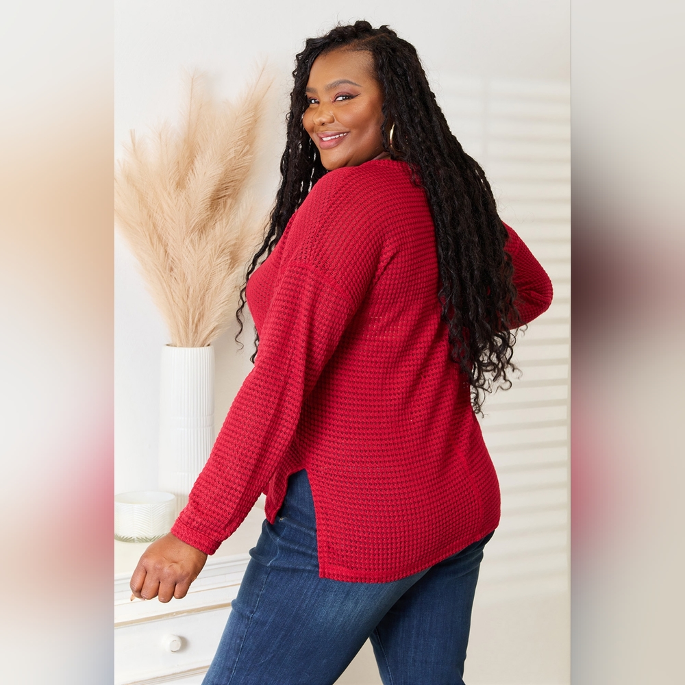Culture Code Designer Red Waffle Knit Wide Notch Neckline Relaxed Fit Top - Picture 5 of 11